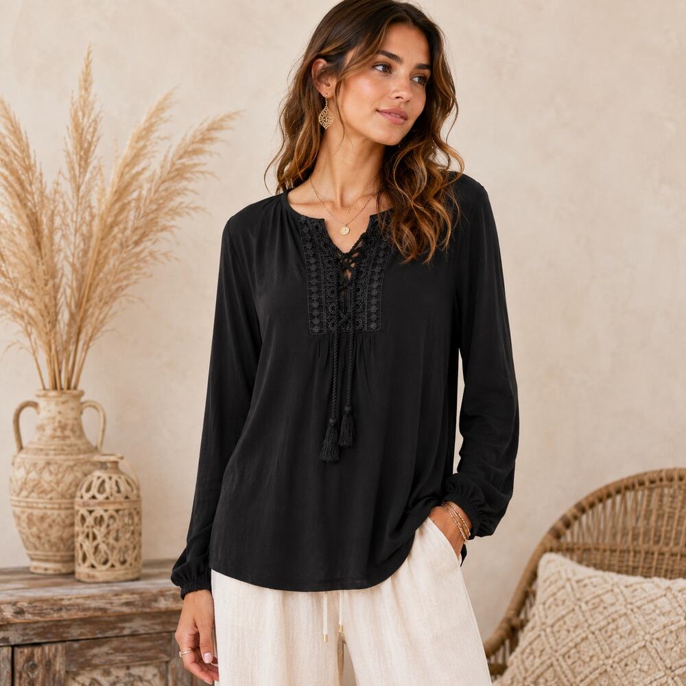 Susan Graver Liquid Knit Blouse Women's Size L Black Crochet Neckline Office